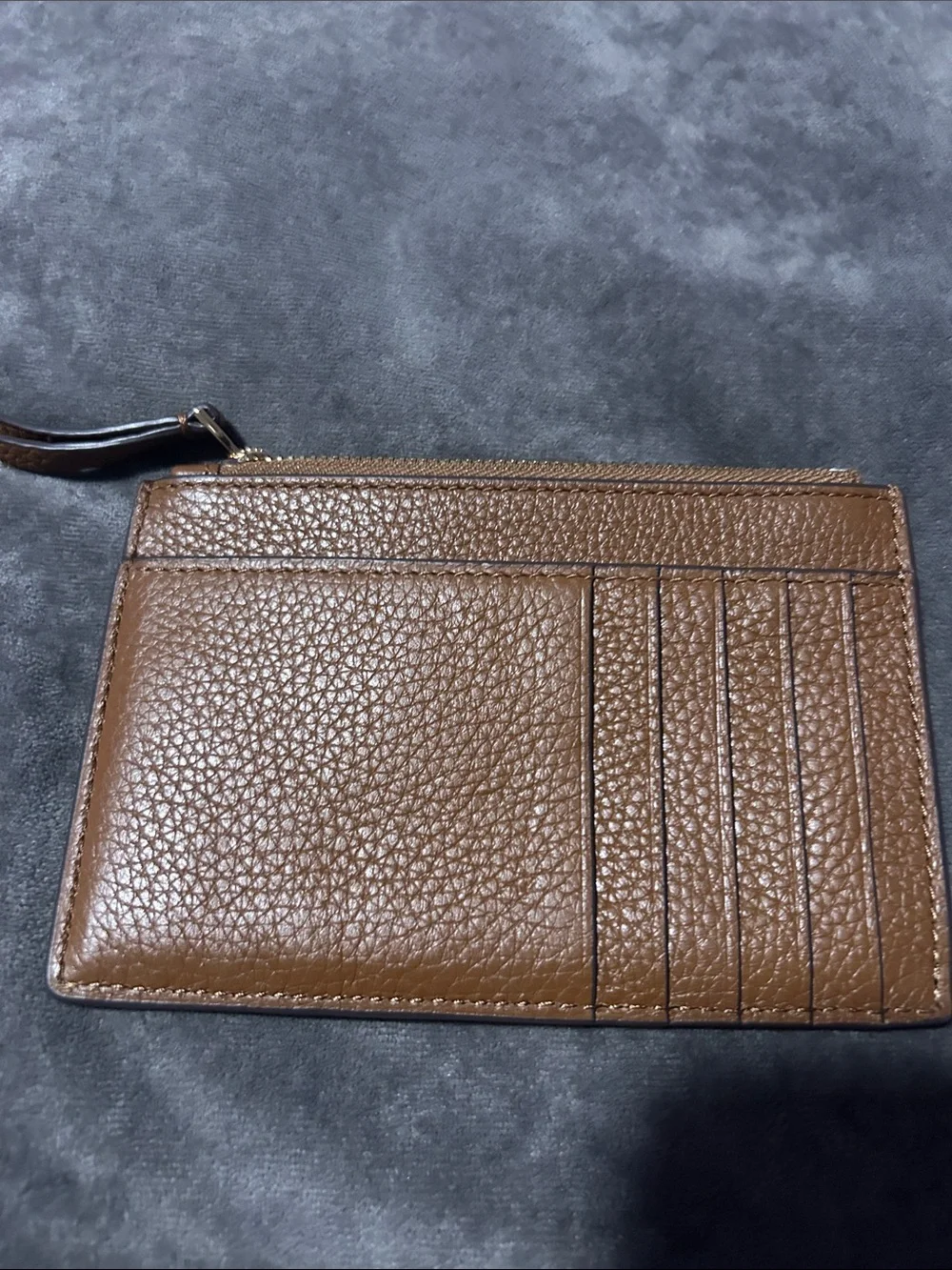 Tory Burch Cognac Pebbled Leather Zip Card Case with Gold Logo